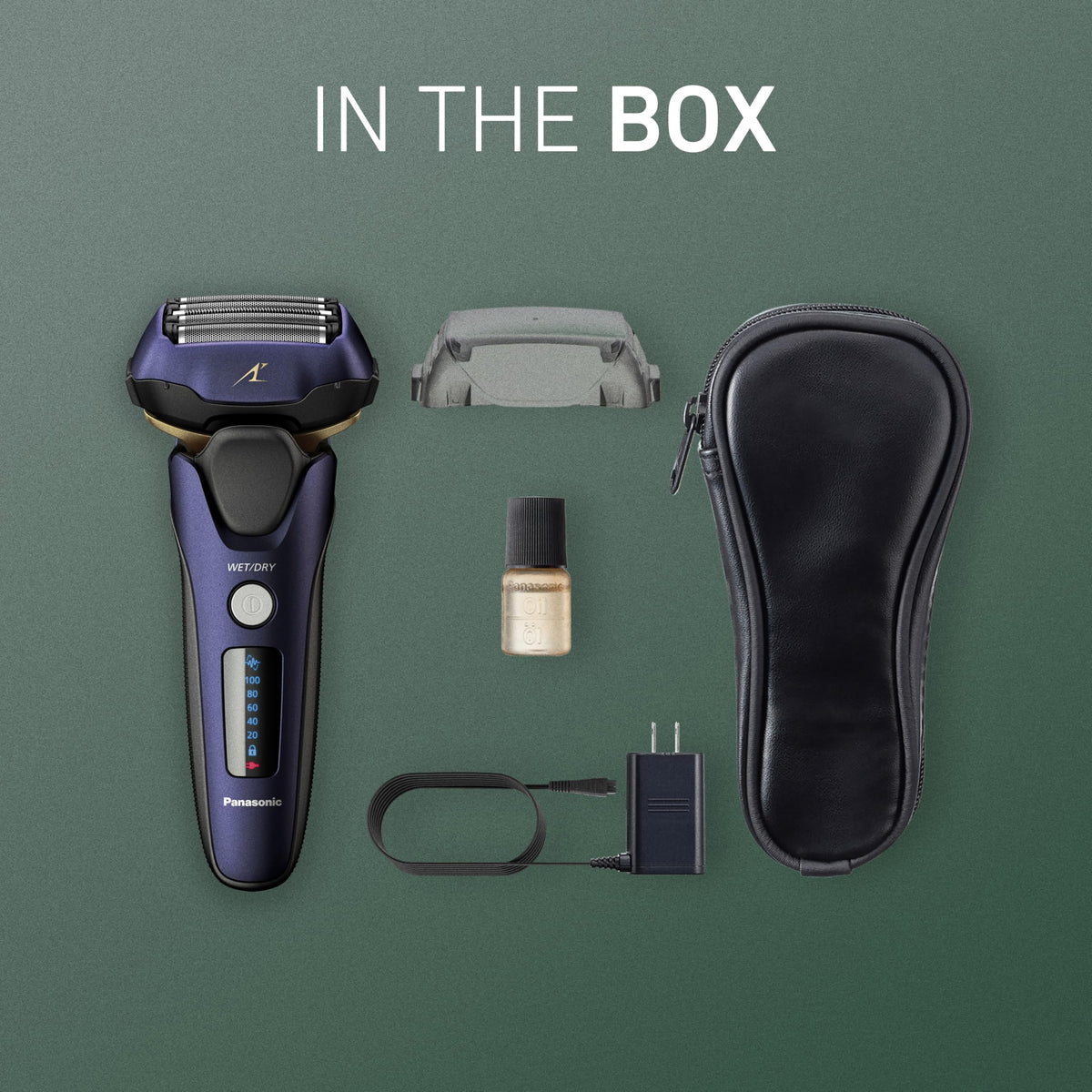 Panasonic ARC5 on bathroom counter in lifestyle shot showing premium grooming setup