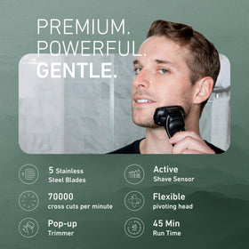 Panasonic ARC5 close-up of five nanotech blades and arc foil for precision cutting