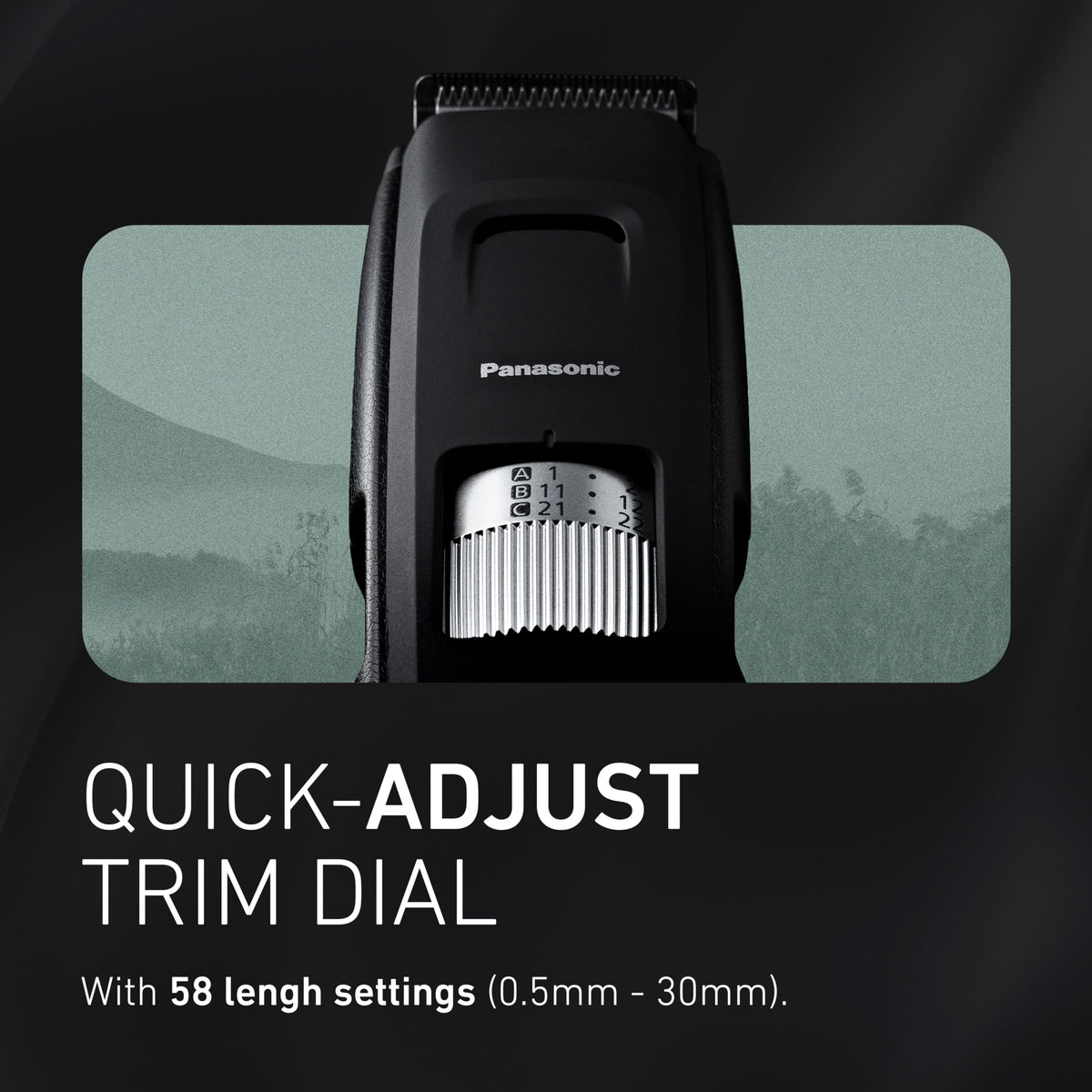 Panasonic set of four comb attachments displayed to show 58 trim settings and versatility