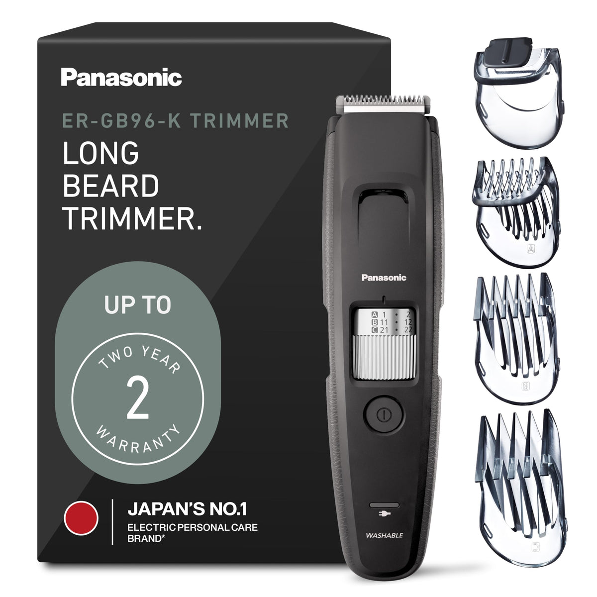 Panasonic ER-GB96-K front view showing sleek black finish and controls for precise grooming