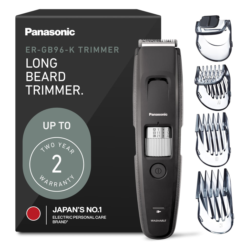 Panasonic ER-GB96-K front view showing sleek black finish and controls for precise grooming