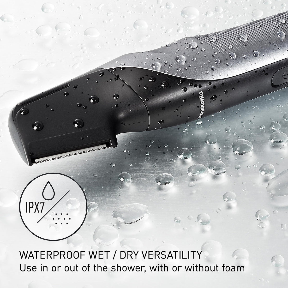 Panasonic groomer used in shower to show wet/dry water-resistant benefit