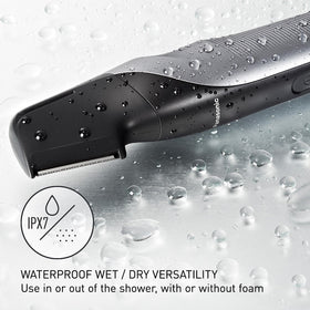 Panasonic groomer used in shower to show wet/dry water-resistant benefit