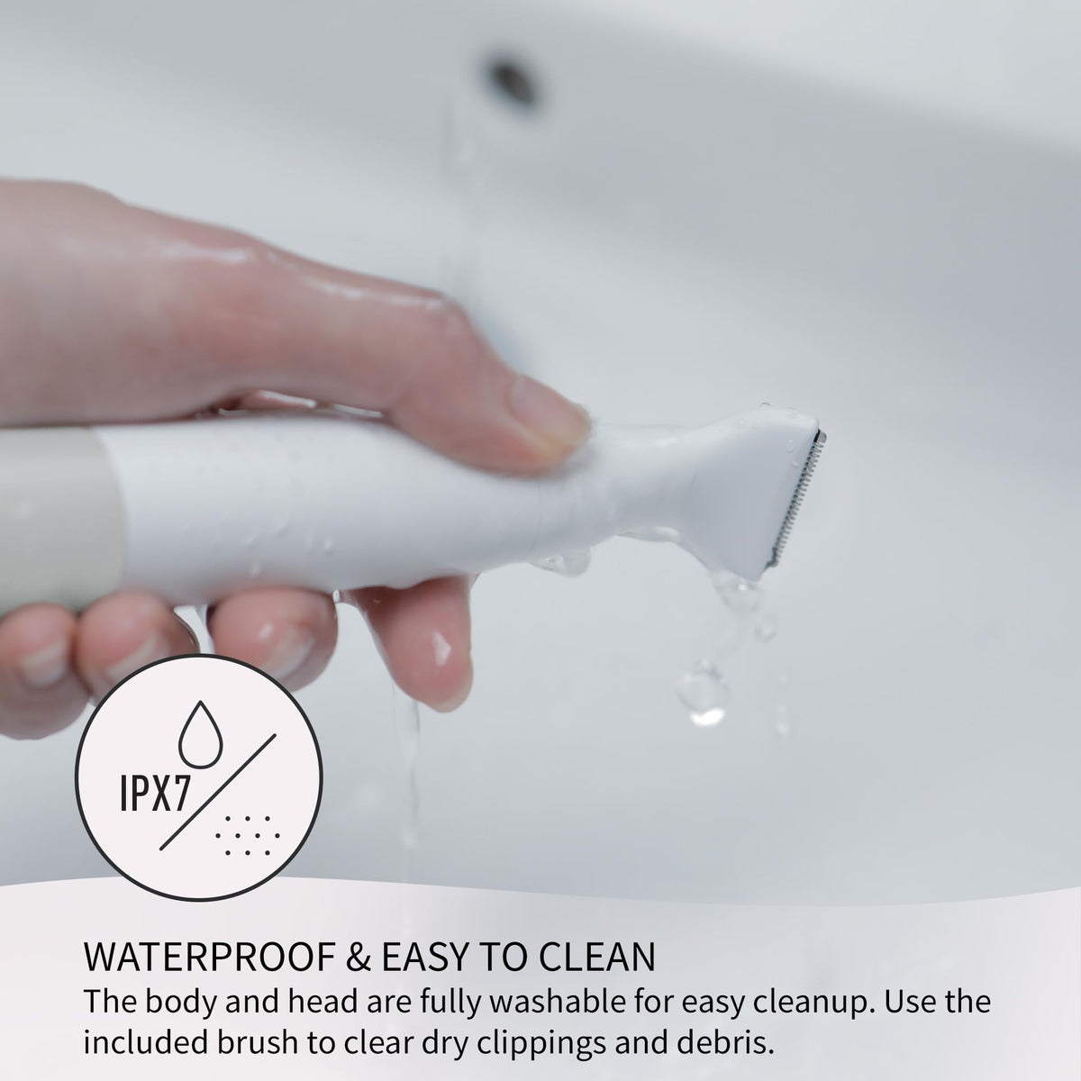 Panasonic groomer being used in the shower showing waterproof convenience