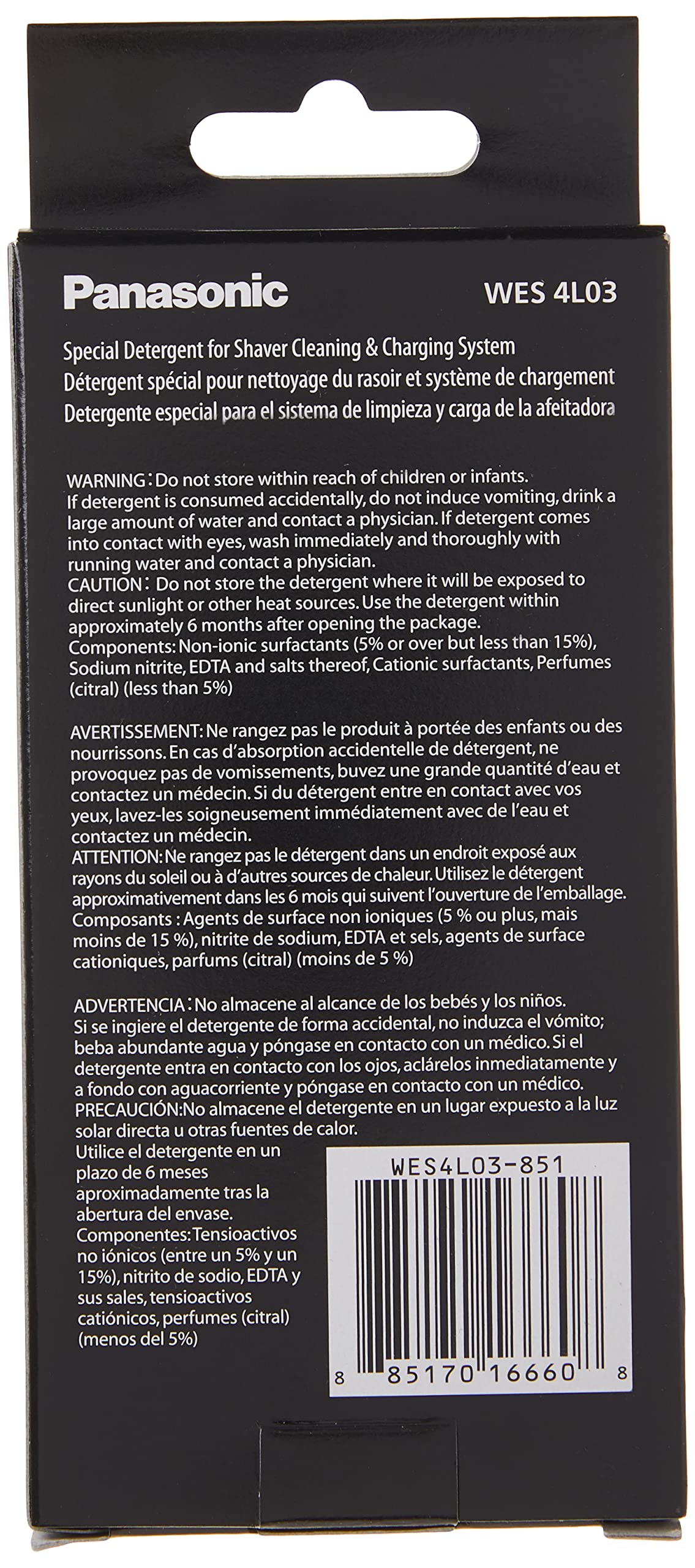 Panasonic close-up of single WES4L03 sachet highlighting easy pour feature