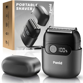 Panid front view of black foil shaver showing sleek profile and ergonomic grip