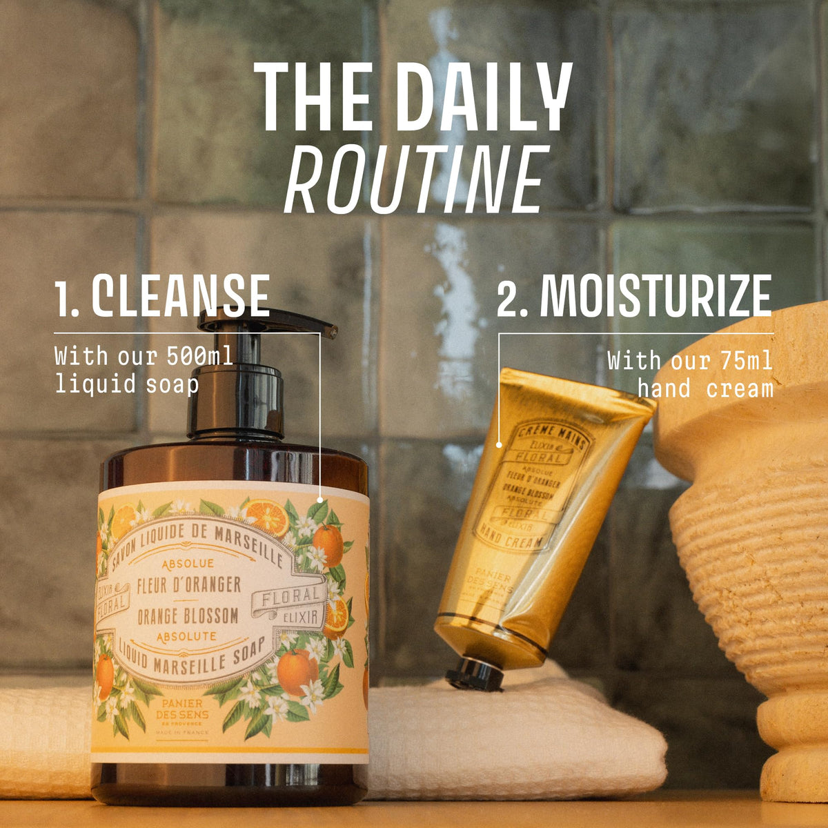 Panier des Sens bottle staged in bathroom decor highlighting aesthetic and sophistication