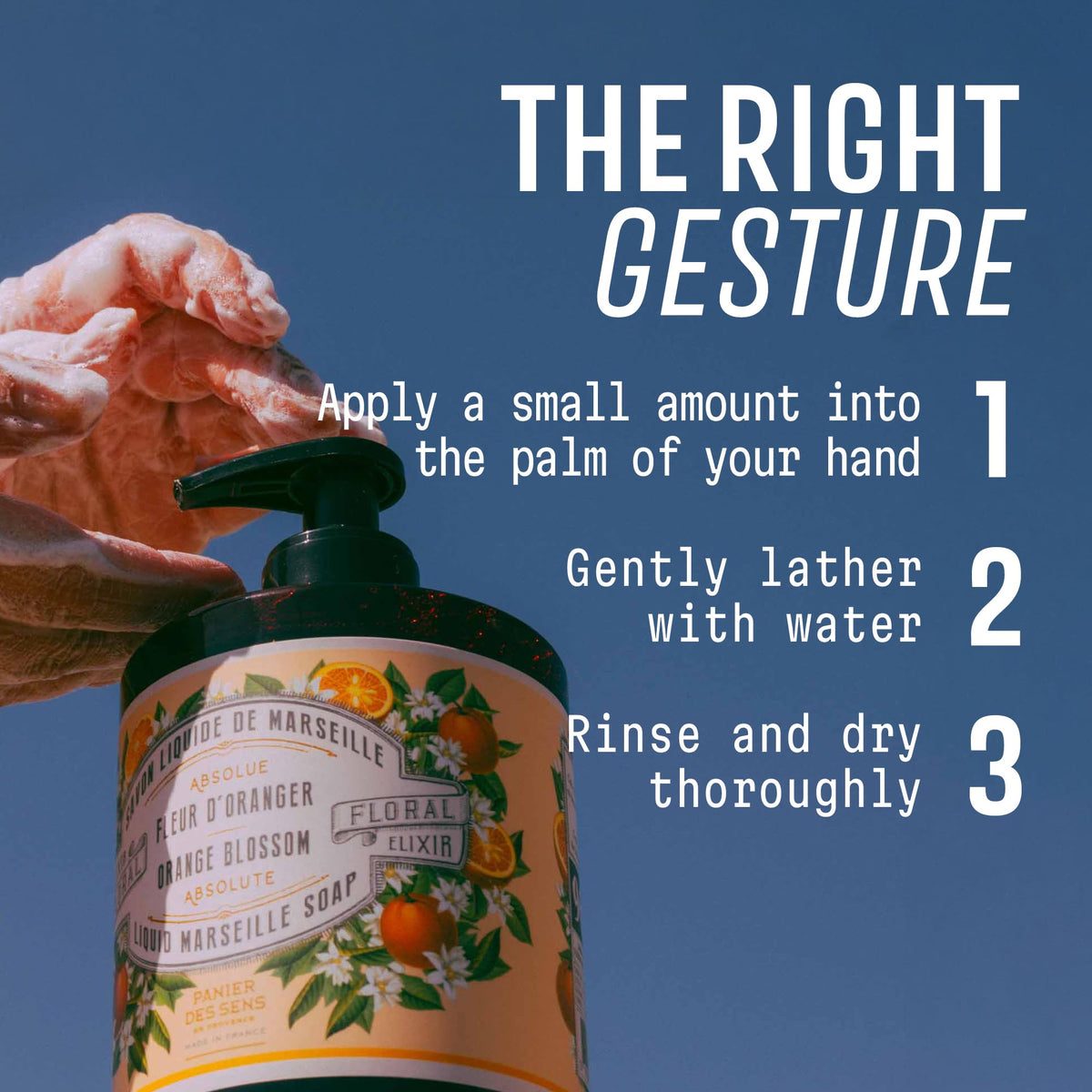 Panier des Sens bottle next to a hand for scale and convenient everyday use