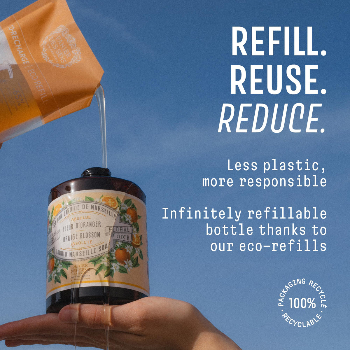 Panier des Sens vegetable oils display illustrating natural ingredients and skin care benefit