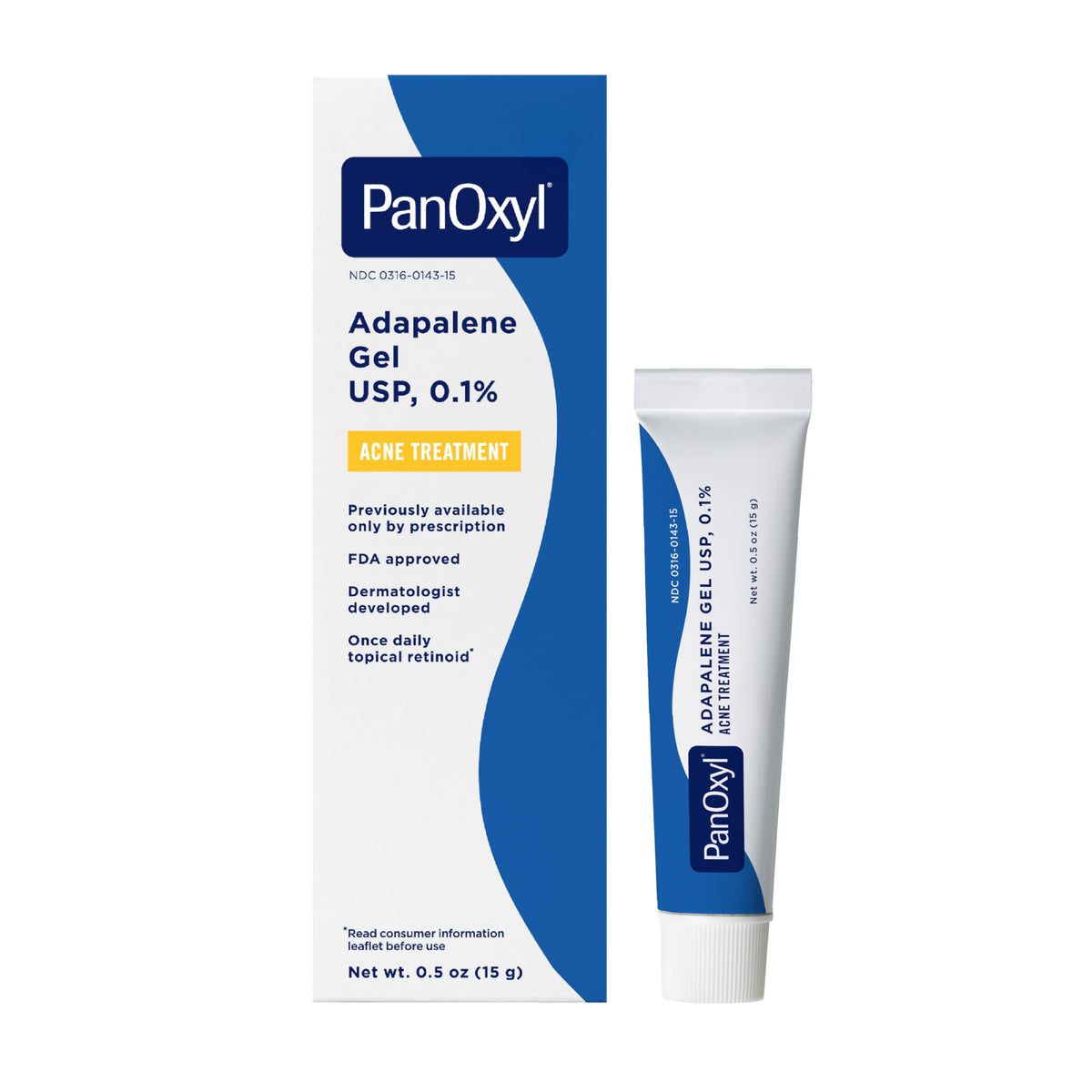PanOxyl adapalene front tube showing product name and size benefits