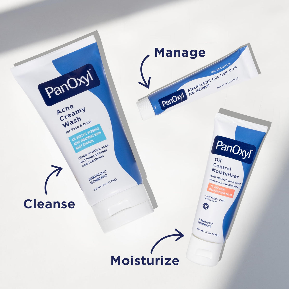 PanOxyl adapalene packaging back panel showing directions and safety benefit