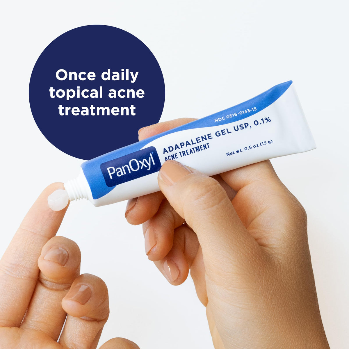 PanOxyl adapalene tube in hand showing compact 0.5 oz size benefit