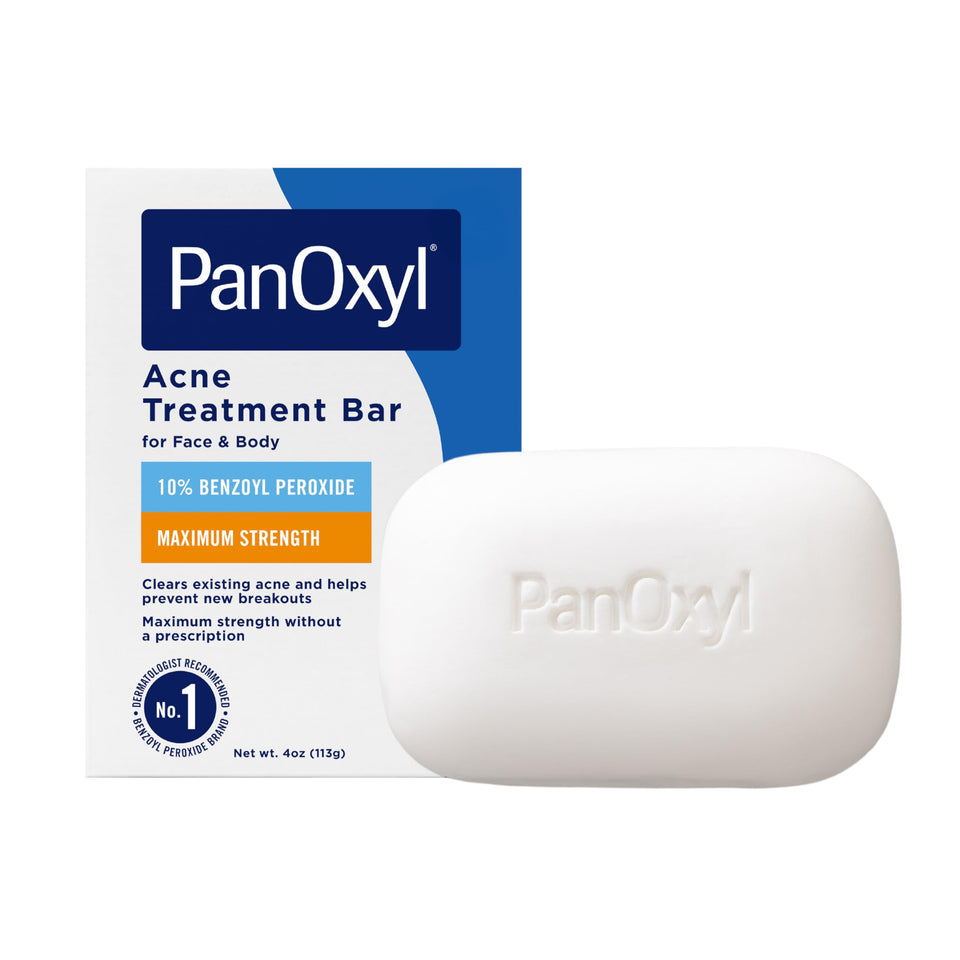 PanOxyl front packaging showing the maximum strength acne bar and clear labeling