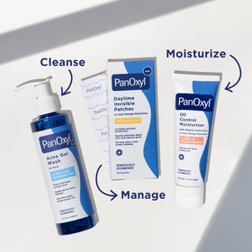 PanOxyl patch in morning routine on bathroom counter illustrating daywear convenience
