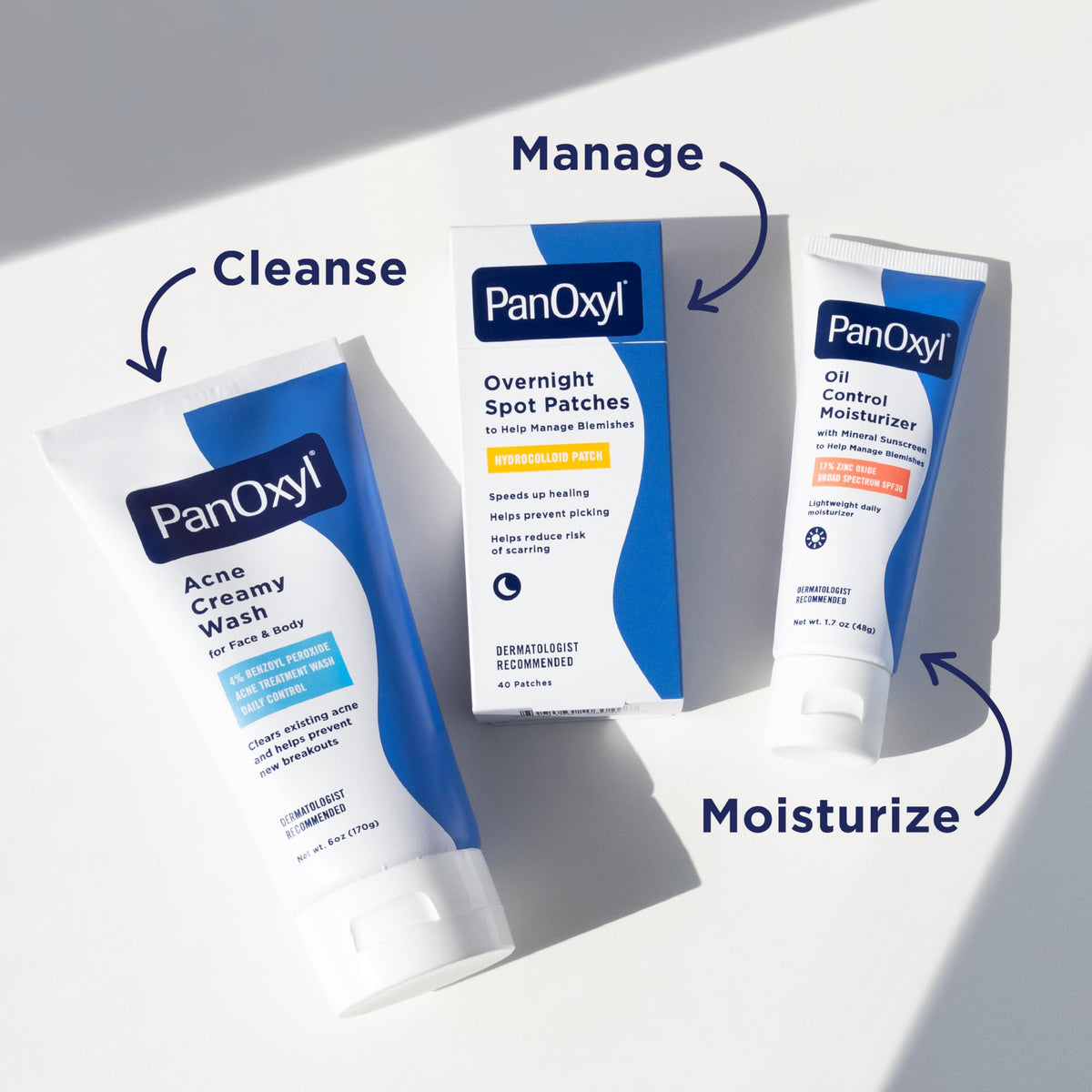 PanOxyl AM on bathroom vanity depicting daily use and daytime skincare routine