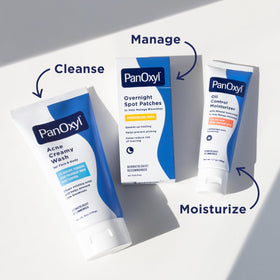 PanOxyl AM on bathroom vanity depicting daily use and daytime skincare routine