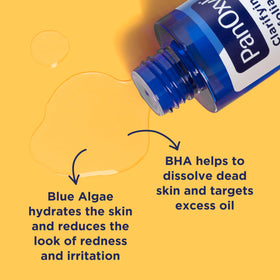 Close-up of PanOxyl clear liquid texture demonstrating lightweight absorption