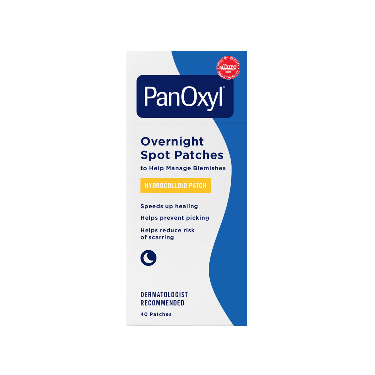 PanOxyl front packaging showing 40-count overnight spot patches for protection