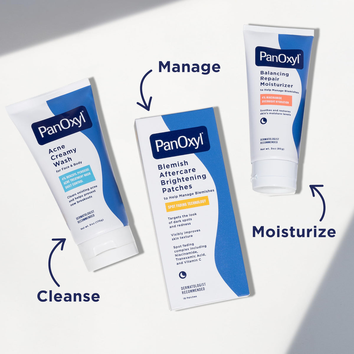 PanOxyl PM product label close-up emphasizing non-comedogenic and dermatologist-recommended