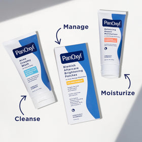 PanOxyl PM product label close-up emphasizing non-comedogenic and dermatologist-recommended