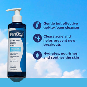 PanOxyl gel texture close-up illustrating smooth application and gentle cleanse