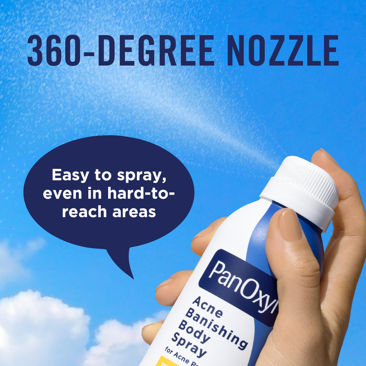 Fine mist texture of PanOxyl spray showing quick-dry application benefit