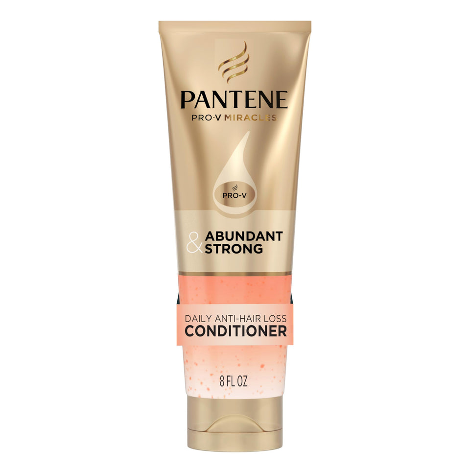 Pantene Abundant & Strong front packaging shows 8 oz bottle and benefits