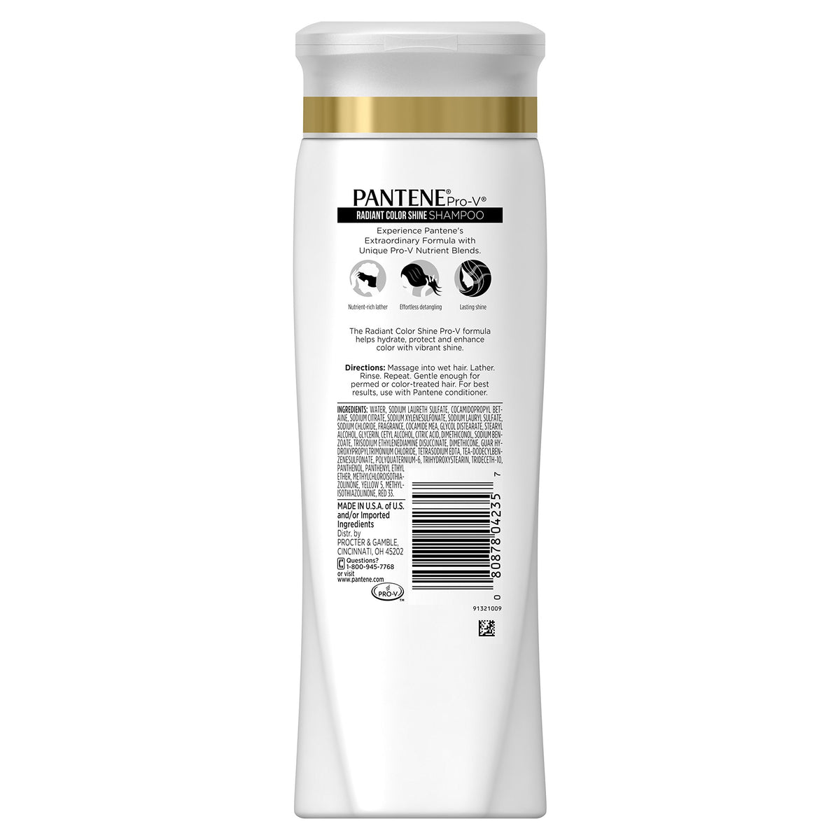 Closeup of Pantene label highlighting Pro‑V nutrients and antioxidants