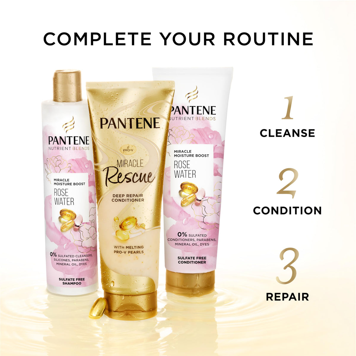 Pantene bottles next to ruler illustrating 9.6 oz and 8 oz scale