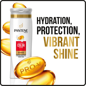 Pantene Radiant Color bottles staged on bathroom shelf for daily use