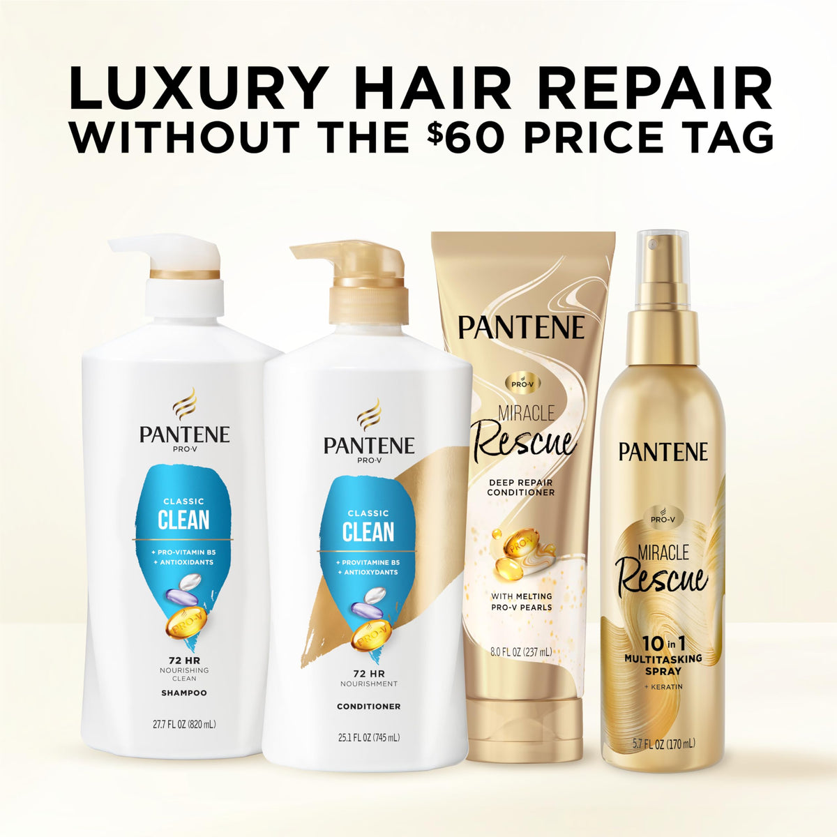 Before and after hair strands showing Pantene-treated smoother, shinier hair
