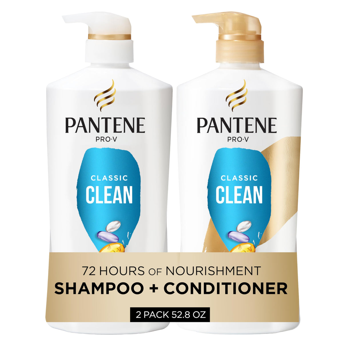 Pantene front packaging showing Classic Clean set and size benefit