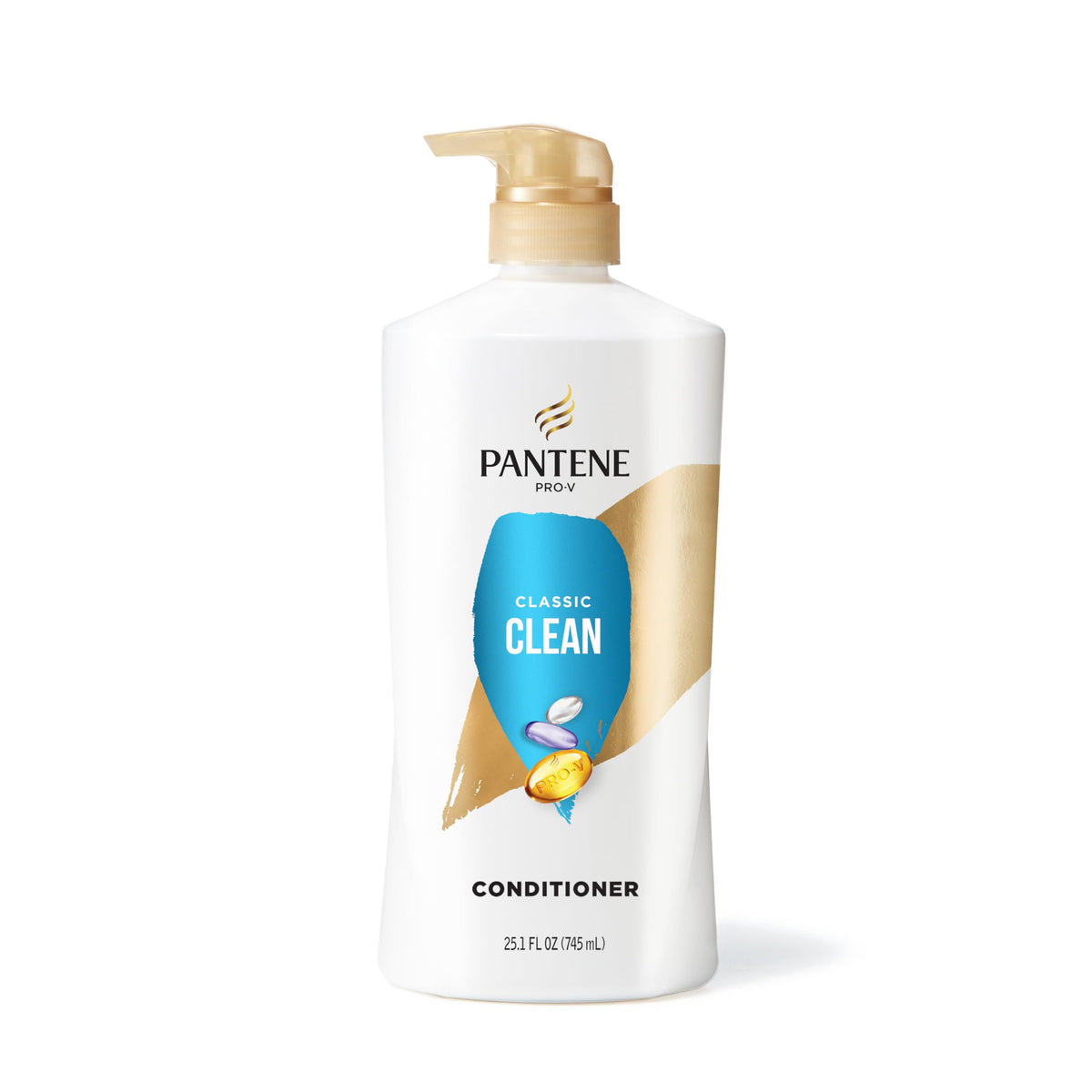 Pantene Classic Clean bottle styled on bathroom shelf conveying everyday use