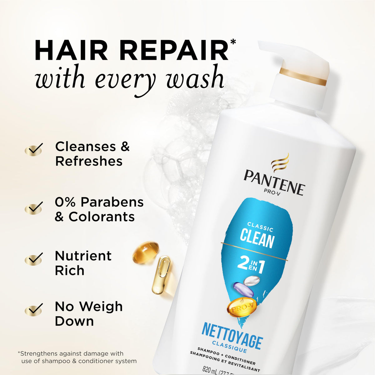 Pantene bottle pump top and clear label highlighting brand and convenient dispenser