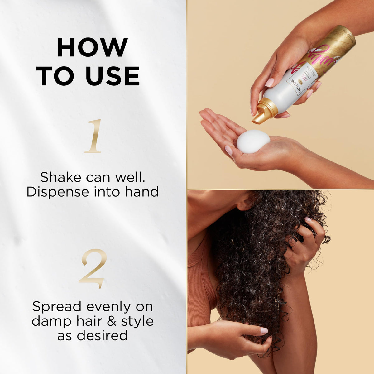 Pantene applying mousse to damp hair demonstrating smooth distribution and definition