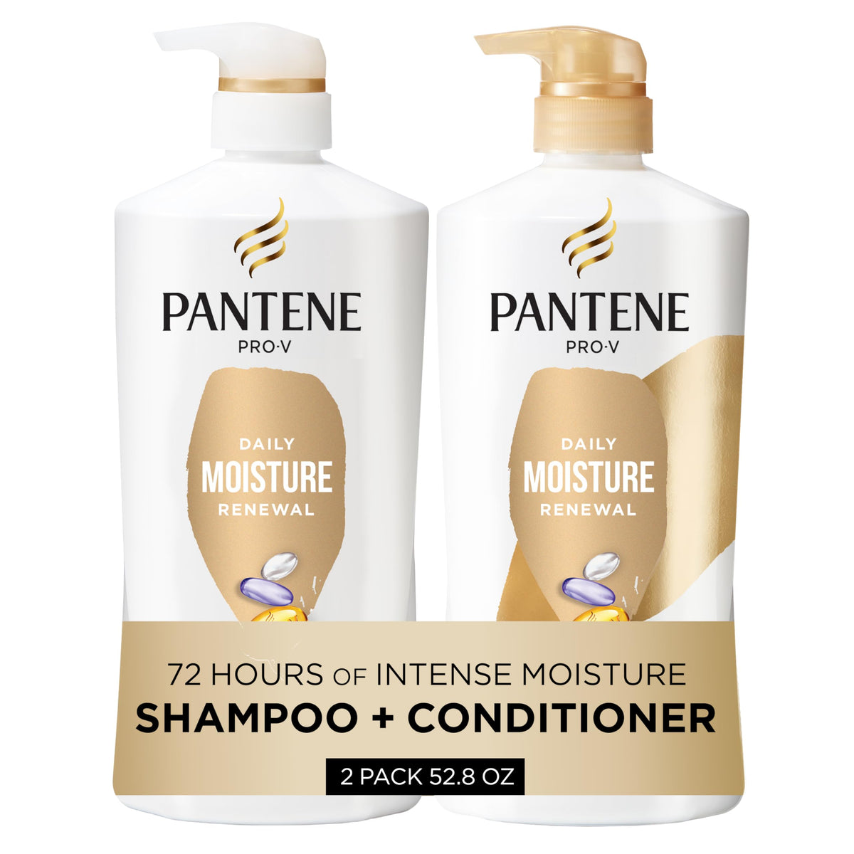 Pantene front packaging showing full moisture renewal duo and pumps for easy use