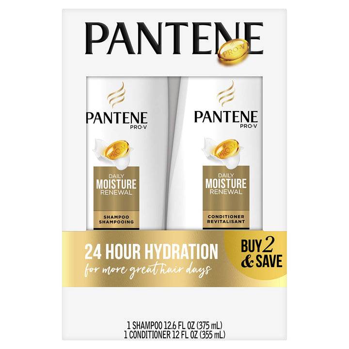 Pantene Daily Moisture Renewal front packaging showing duo and benefits