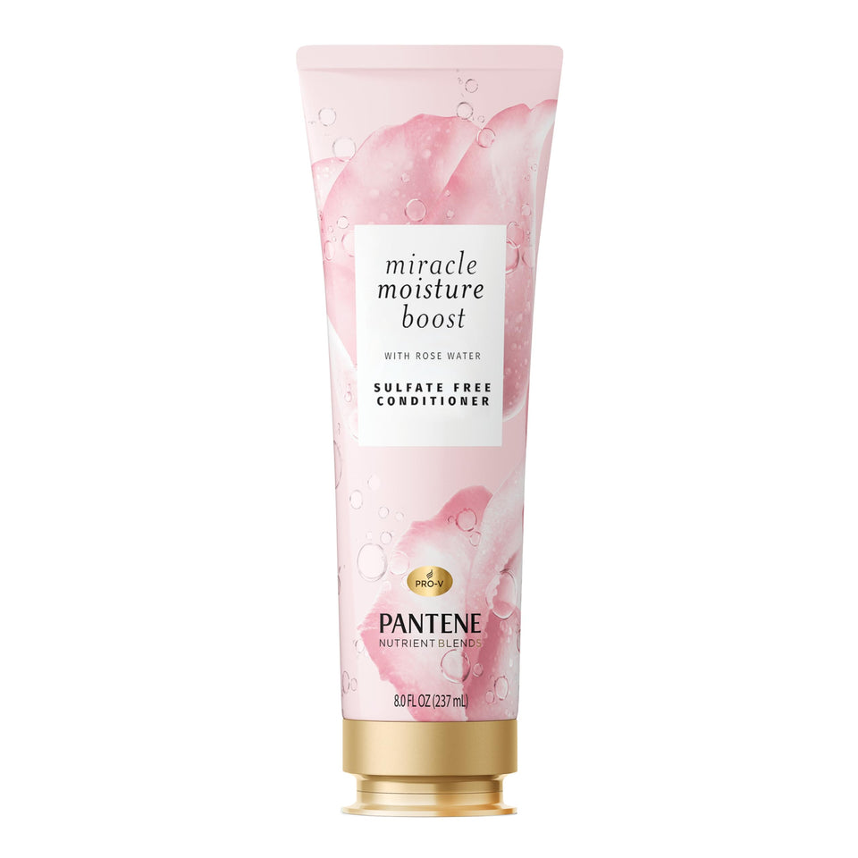 Pantene front bottle showing rose water conditioner benefits and scent