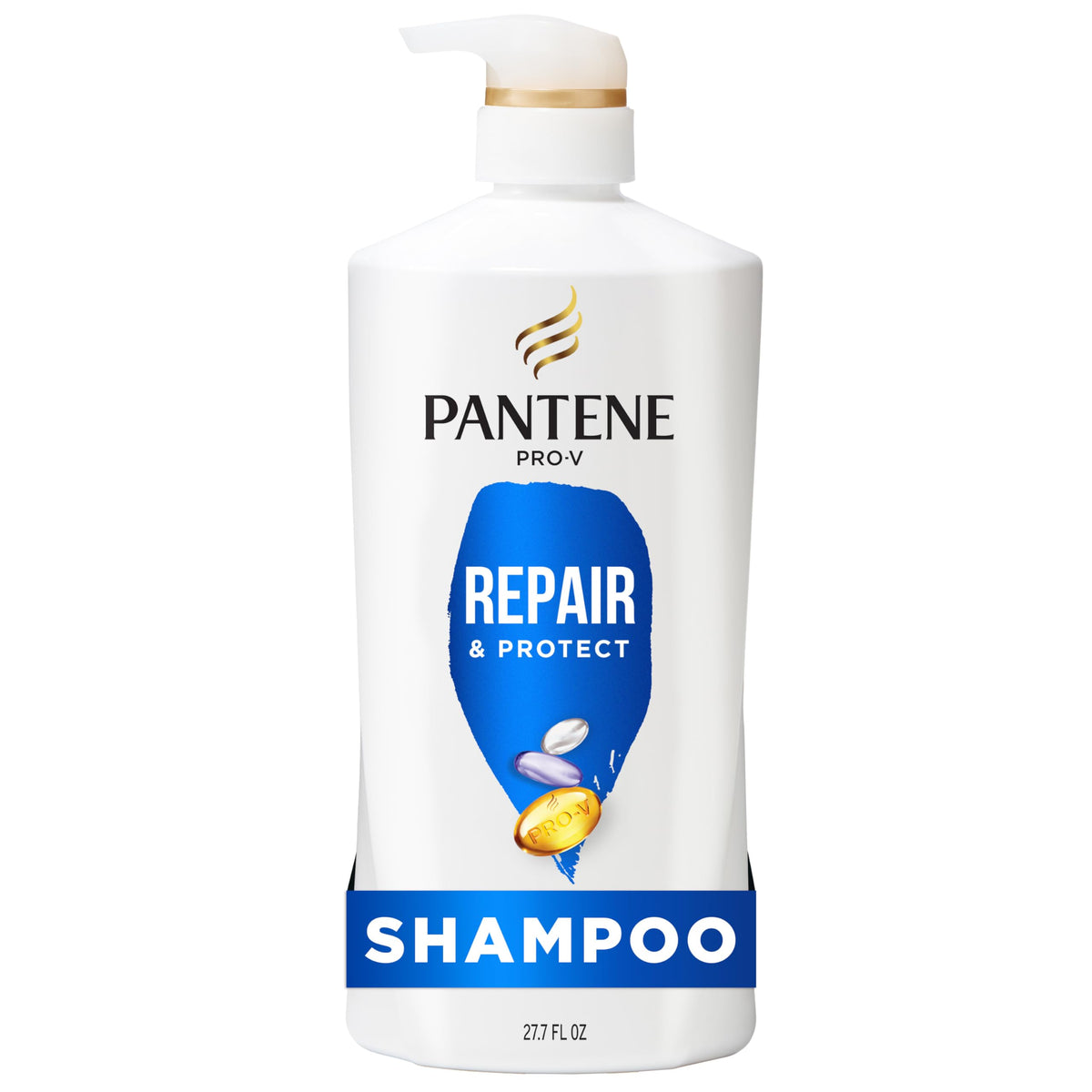 Pantene front bottle showing label and 27.7 fl oz size benefit
