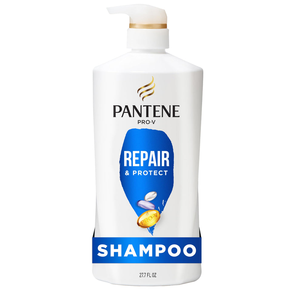 Pantene front bottle showing label and 27.7 fl oz size benefit