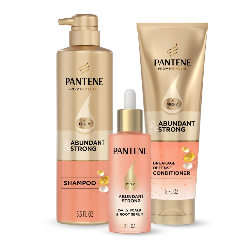 Pantene front packaging showing abundant & strong regimen and benefits
