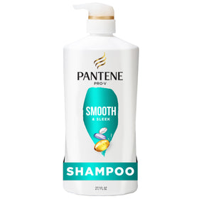 Pantene front packaging showing Smooth and Sleek bottle and benefits