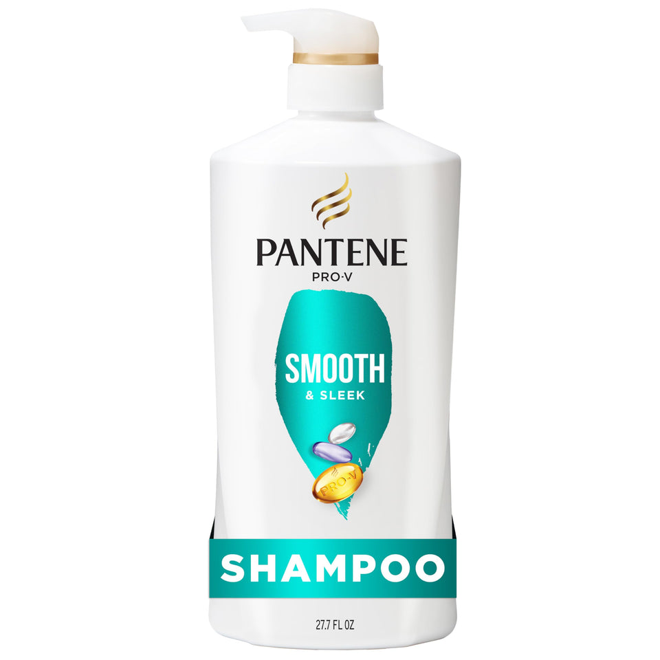 Pantene front packaging showing Smooth and Sleek bottle and benefits