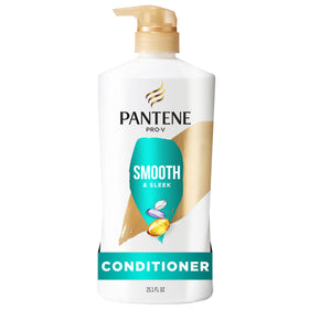 Pantene front packaging showing Smooth and Sleek 25.1 fl oz for long-lasting frizz control