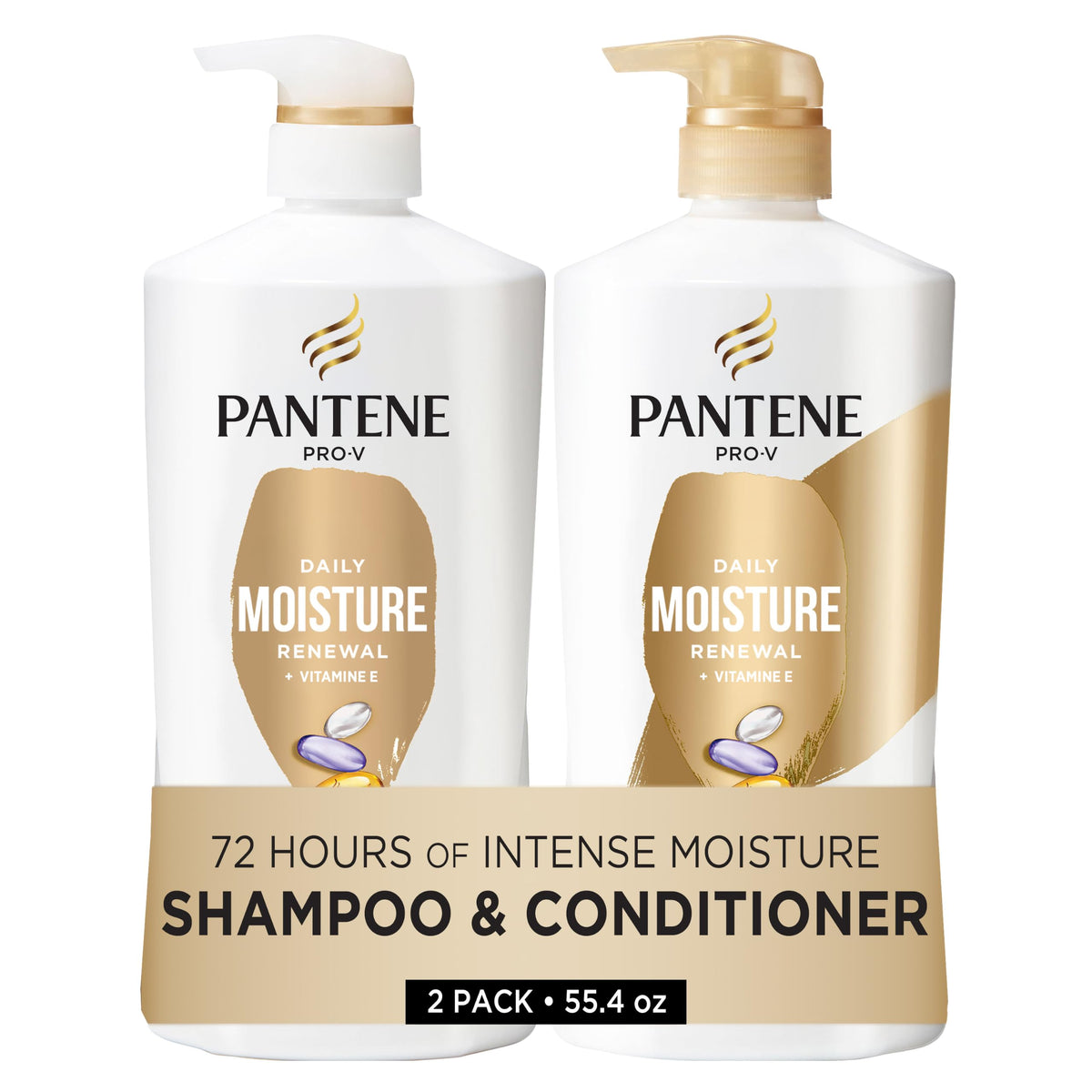 Pantene front pump bottles showing set and easy dispensing benefit