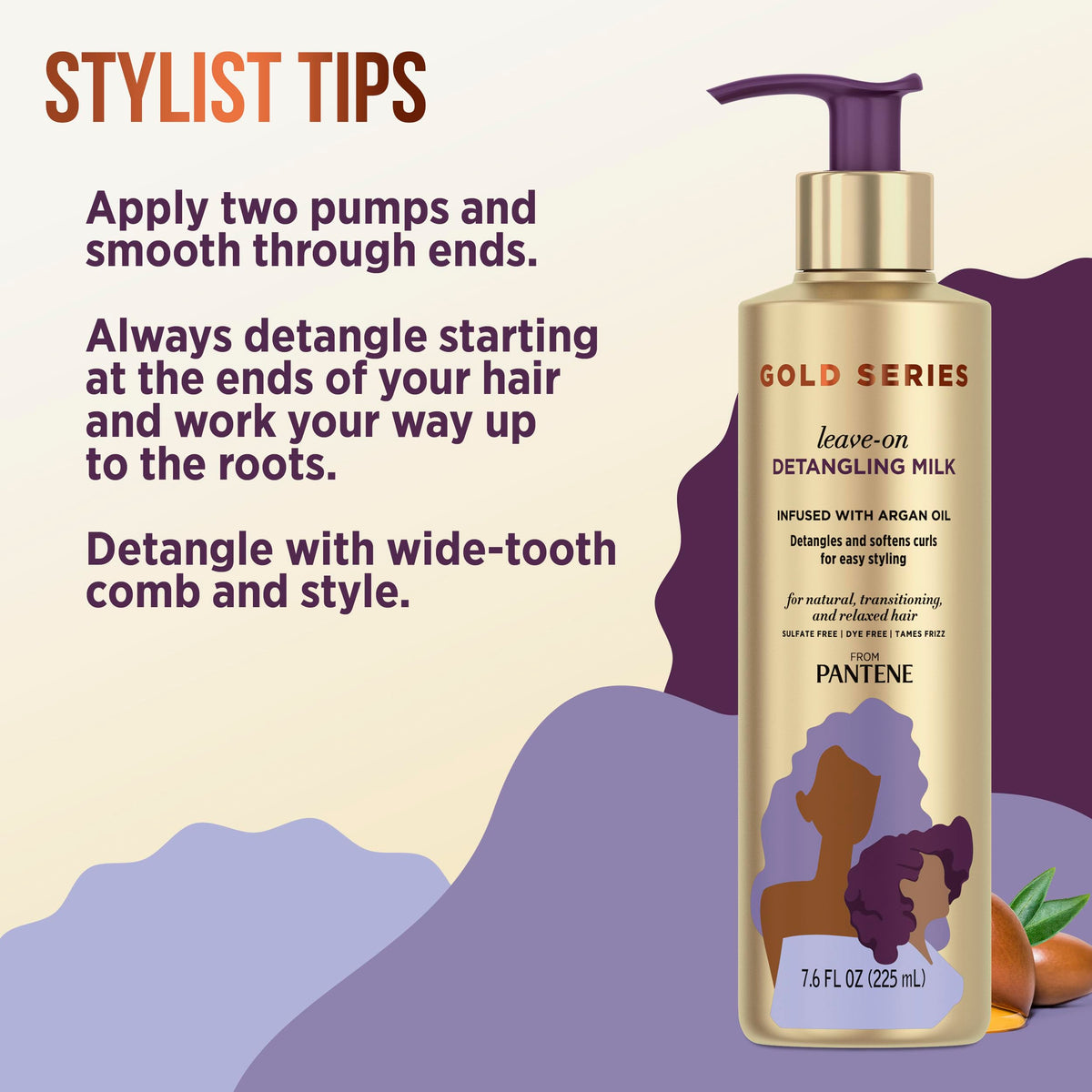 Pantene Gold Series being smoothed through curly hair to show detangling and softness
