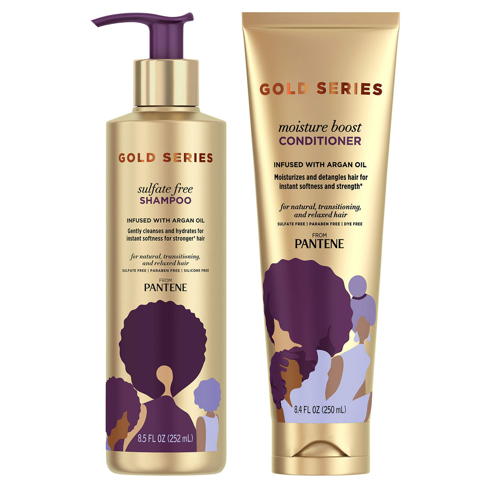 Pantene Gold Series front packaging showing kit bottles and benefits