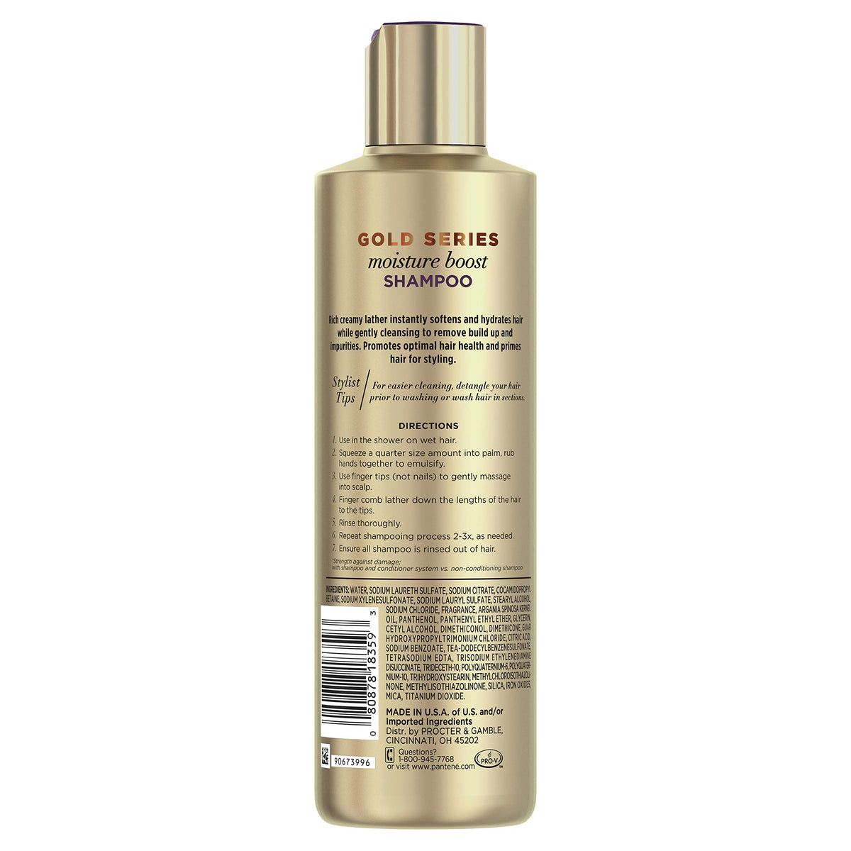 Pantene Gold Series label close-up highlighting argan oil formula and moisturizing benefit