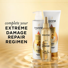Styling with flatiron and Pantene spray protecting hair from heat