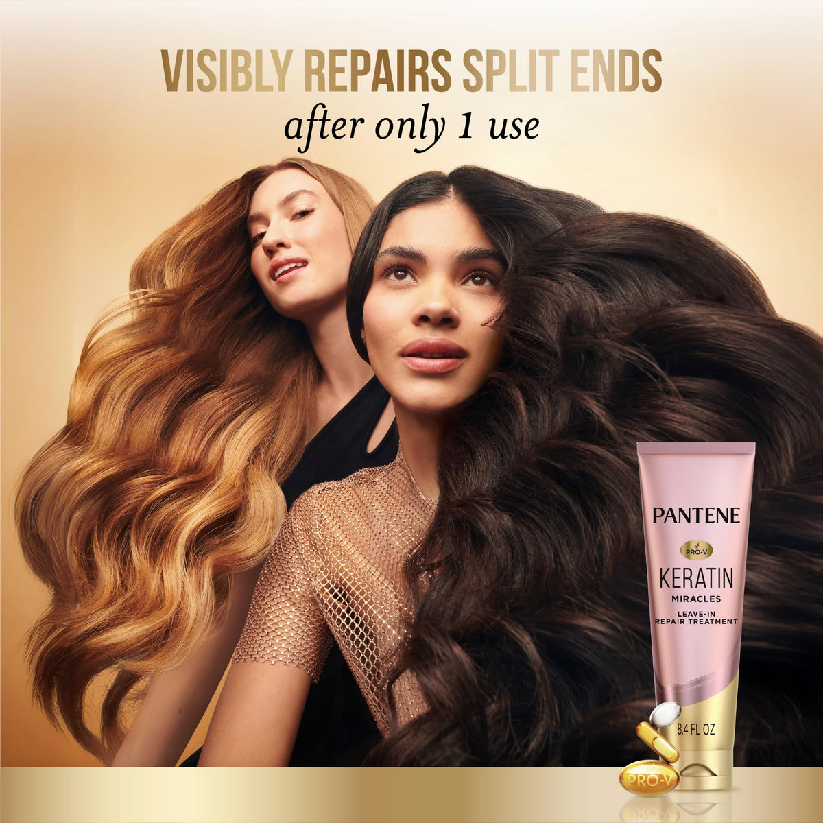 8.4 fl oz bottle beside a hand for Pantene size and portability benefit
